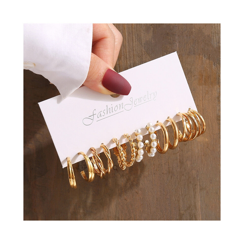 (OV5652401) Gold Color Vintage Geometry Pearl Earrings Set Metal Twine Square Dangle Earrings