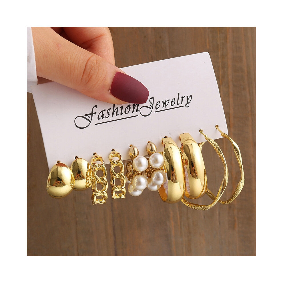 (OV5655601) Gold Color Vintage Geometry Pearl Earrings Set Metal Twine Square Dangle Earrings