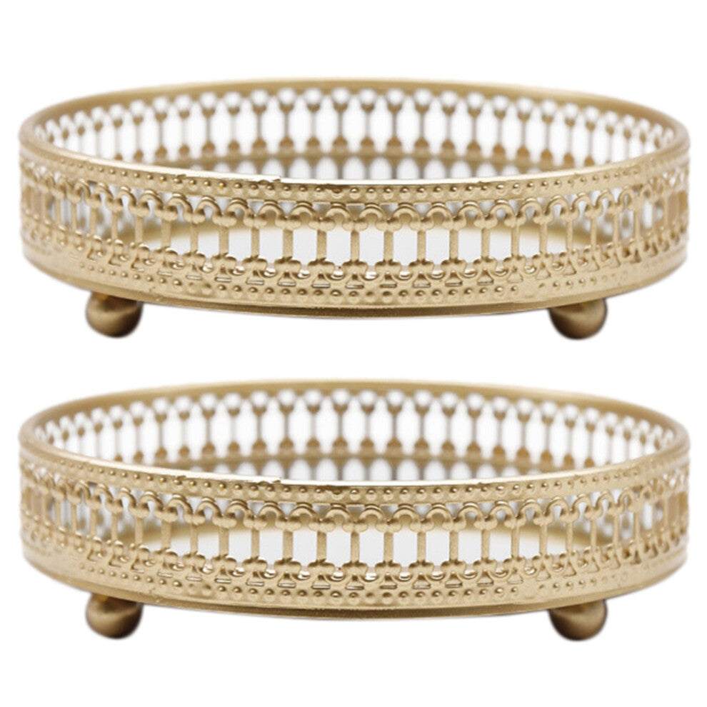 2X Golden Iron Jewelry Storage Tray Glass Mirror Makeup Manager Desktop Cosmetic Dessert Decorative Display 25cm