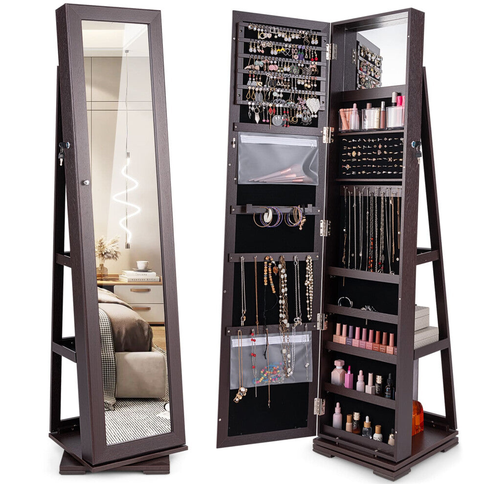 3-in-1 Jewelry Cabinet 360 Swivel Mirrored Jewelry Armoire-Coffee