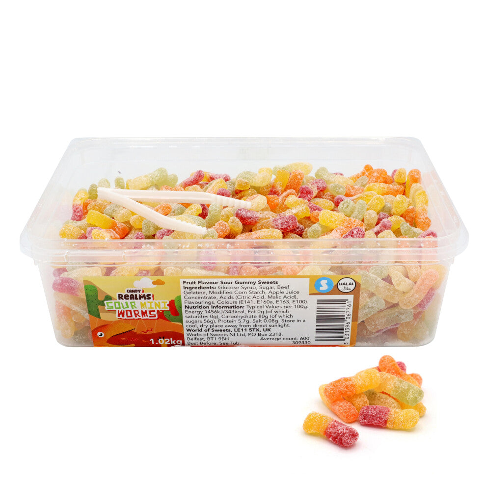 Candy Realms Sour Mini Worms 1.02KG Tub - Perfect For All Occasions