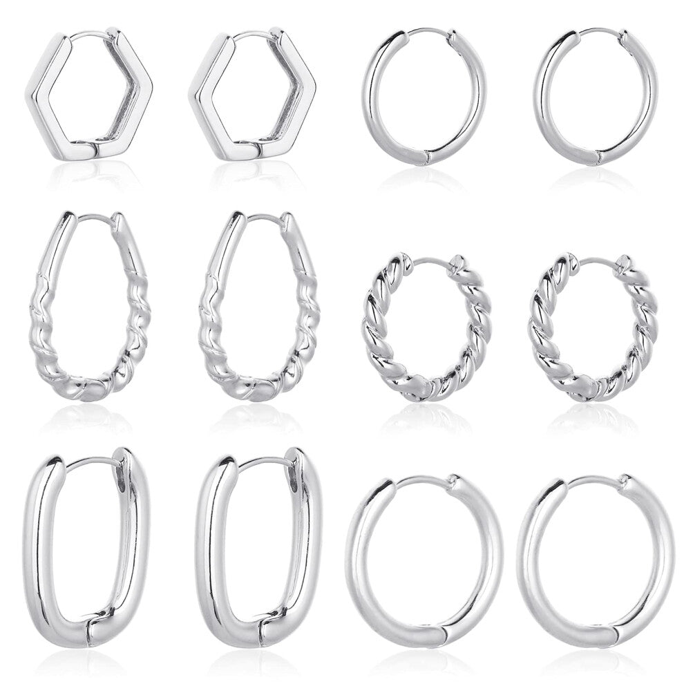 Wgoud Chunky Huggie Hoop Earring 14K Gold Hoop Earrings for Men Women Hypoallergenic  Thick Hoops Earring set  Twist Hoop Earring 6 Pairs Silver