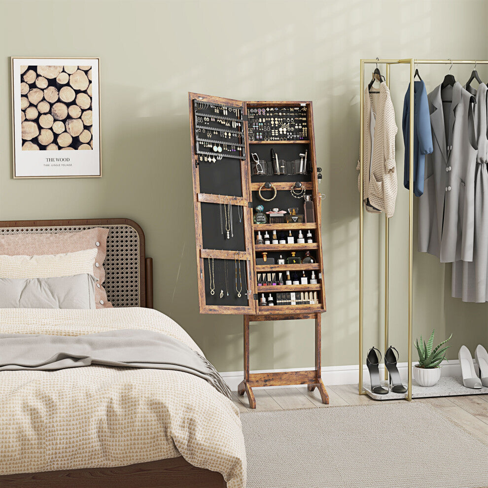 HOMCOM Mirrored Jewellery Cabinet W- LED Light Lockable Jewellery Rustic Brown