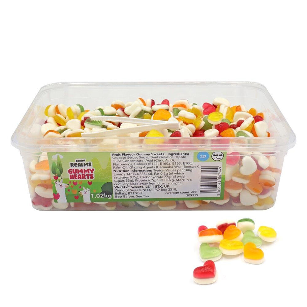 Candy Realms Gummy Hearts 1.02KG Tub - Apple, lemon, orange