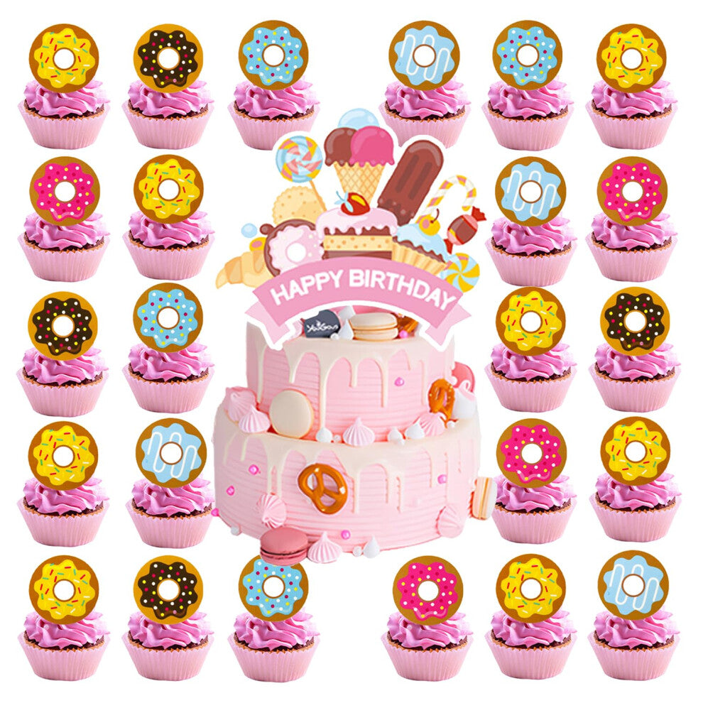 25pcs Donut Birthday Party Supplies Donut Birthday Party Cupcake Toppers for Kids Gift Birthday Party Favors Kid's Candyland Birthday Party cake Decor
