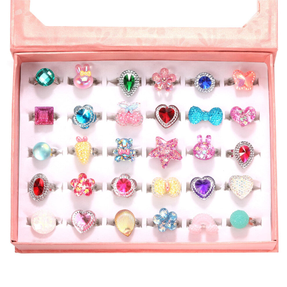 PinkSheep Little Girl Jewel Rings in Box  Adjustable  No duplication  Girl Pretend Play and Dress Up Rings (30 Jewel Ring)