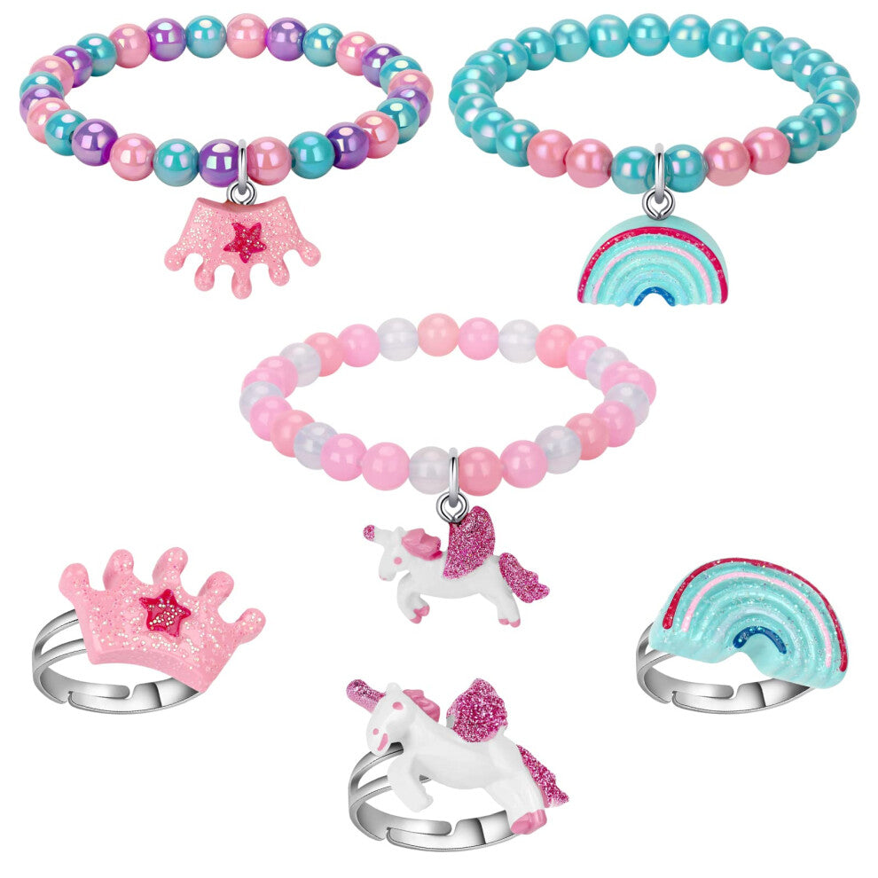 Annilubaby Unicorn Bracelet Ring Set - Rainbow Bracelet Shiny Crown Bracelet for Toddler Girls - Little Girl Jewel Rings Set Girl Pretend Play and Dre