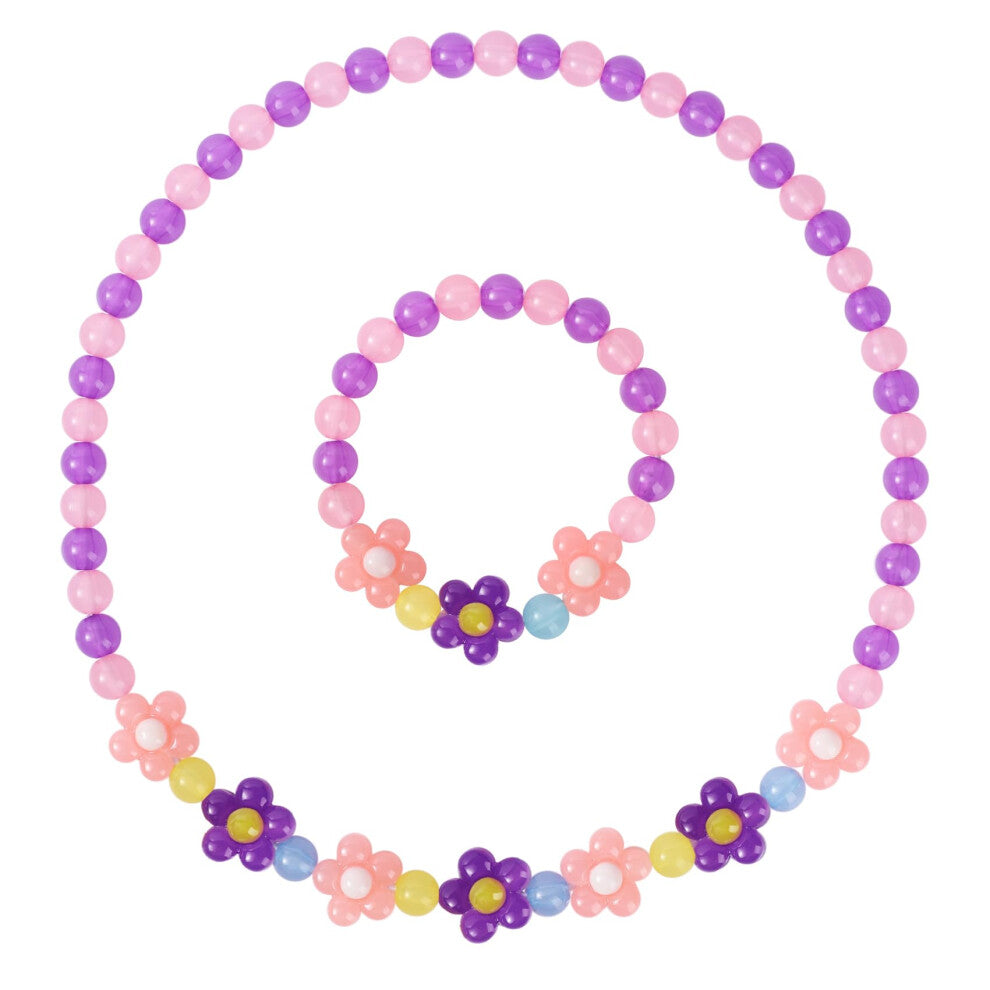 Yarkeuier Girls Jewelry Set - Cute Flower Beads Necklace Bracelet-Toddler Girls Flower Jewelry - Stretchy Chunky Costume Jewelry Present Toy-Purple