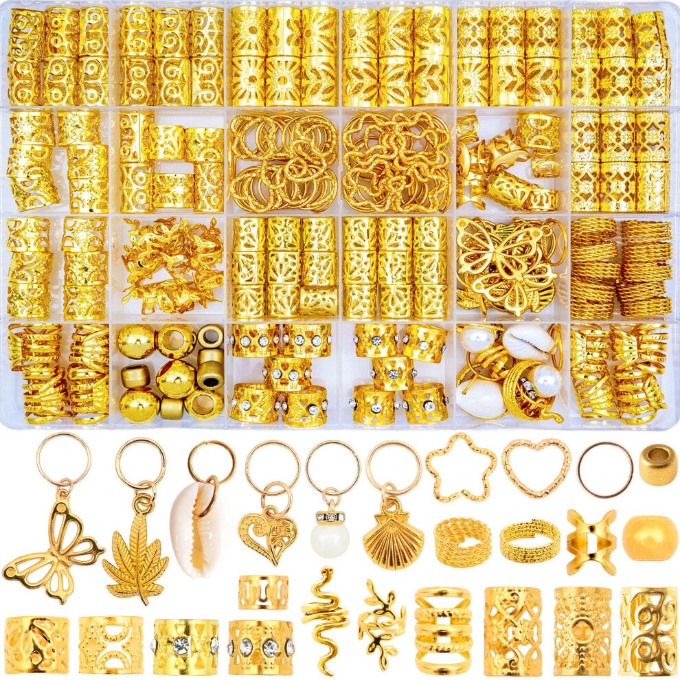 236PCS Gold Hair Accessories Set: Jewelry, Charms, Rings and Cuffs for Braids, Dreadlocks, Loc Styles and Rave Hair Styling