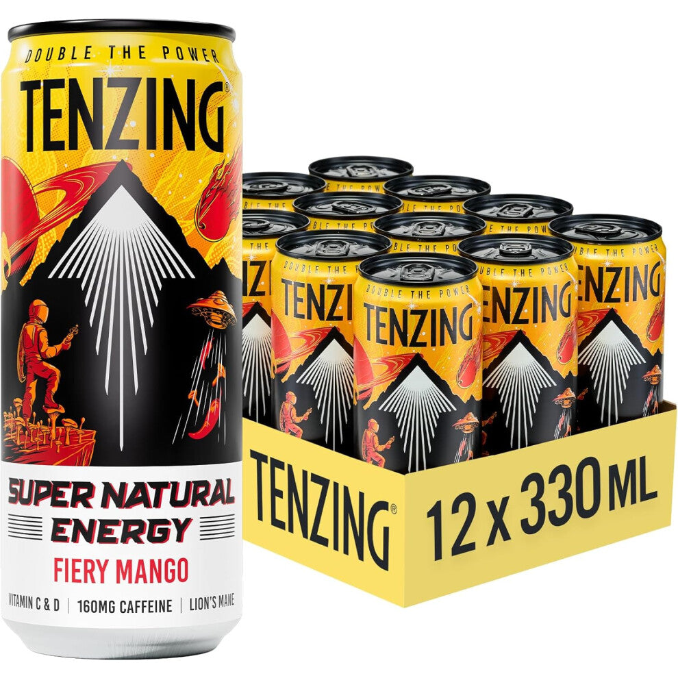 TENZING Super Natural Energy Drink, Fiery Mango, 160MG Caffeine, Vitamin D, Magnesium, Mushrooms  Vegan, & Gluten Free, 330ml (Pack of 12)