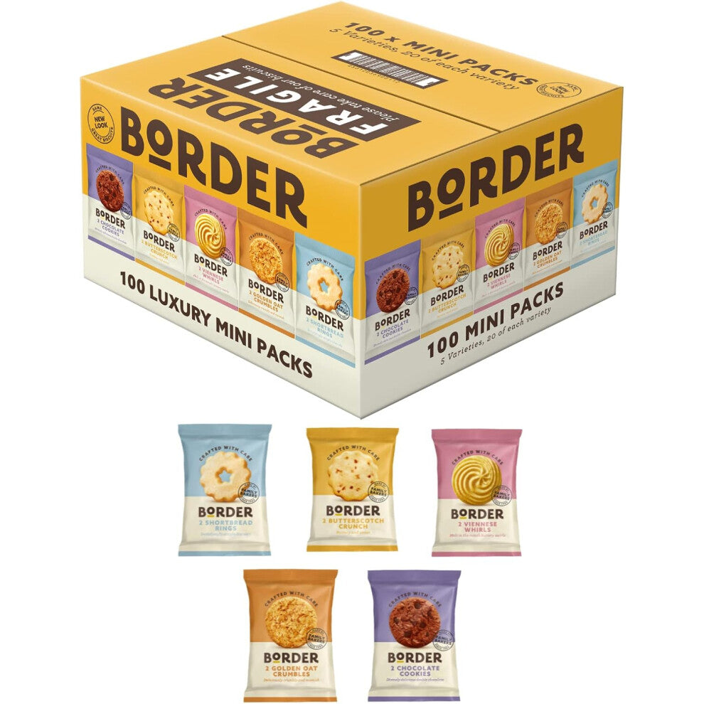 Border Pack 100 Biscuits - 5 Flavours Twin Pack (Butterscotch Crunch, Golden Oat Crumbles, Viennese Whirls, Chocolatey Cookies, Shortbread Rings)