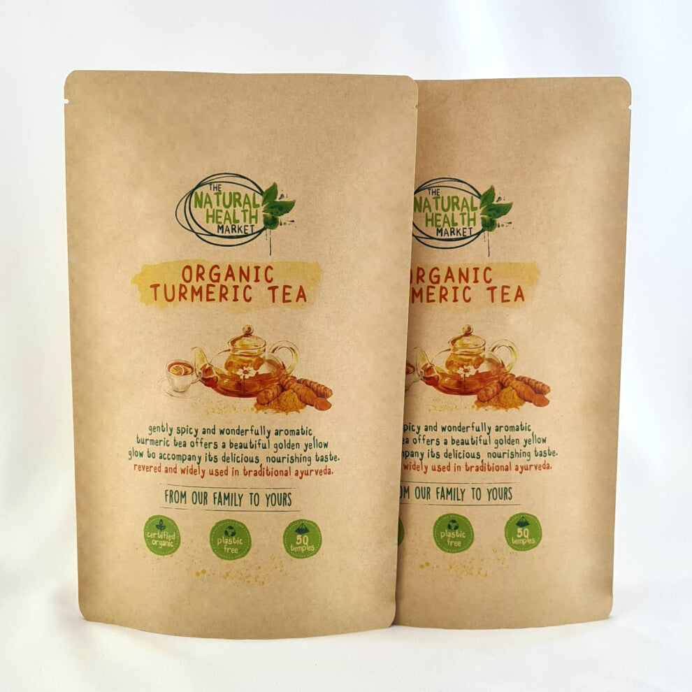 Organic Turmeric Tea Bags By The Natural Health Market | Gold Curcuma Longa Herbal Tea | Pure Turmeric Root | Plastic Free Filter Mesh and Outer