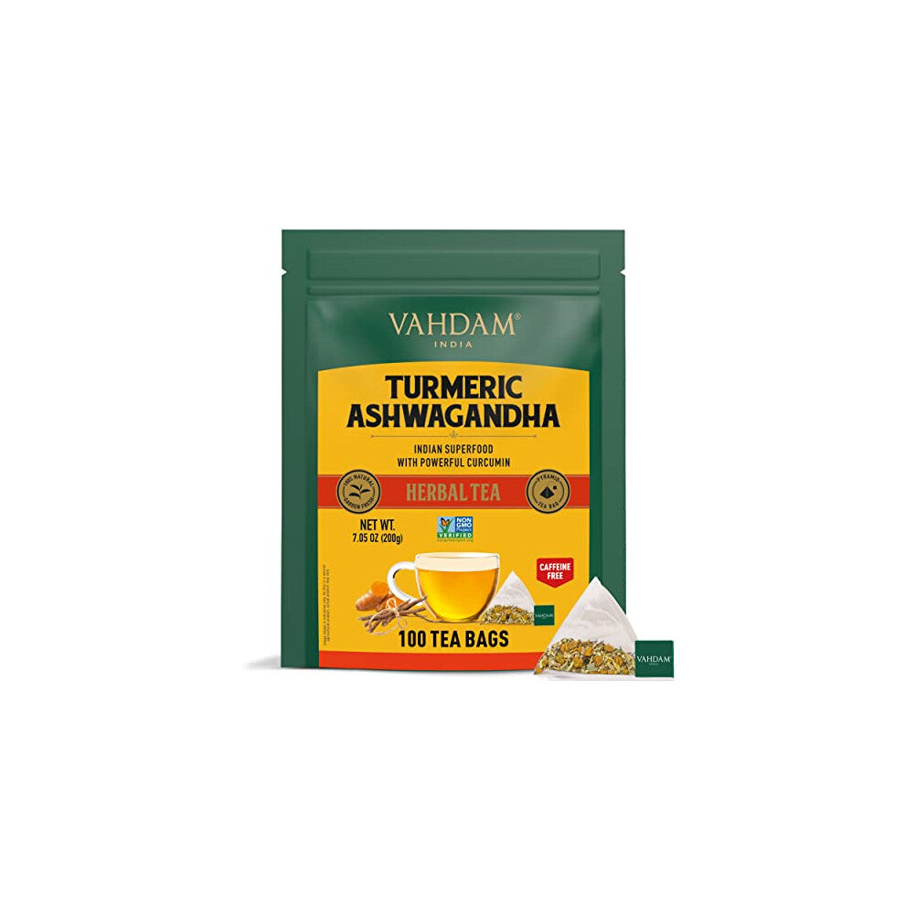 VAHDAM, Turmeric + Ashwagandha SUPERFOOD Herbal Tea (100 Tea Bags) | India's Ancient Wellness Blend of Turmeric & Garden Fresh Spices | Herbal Detox