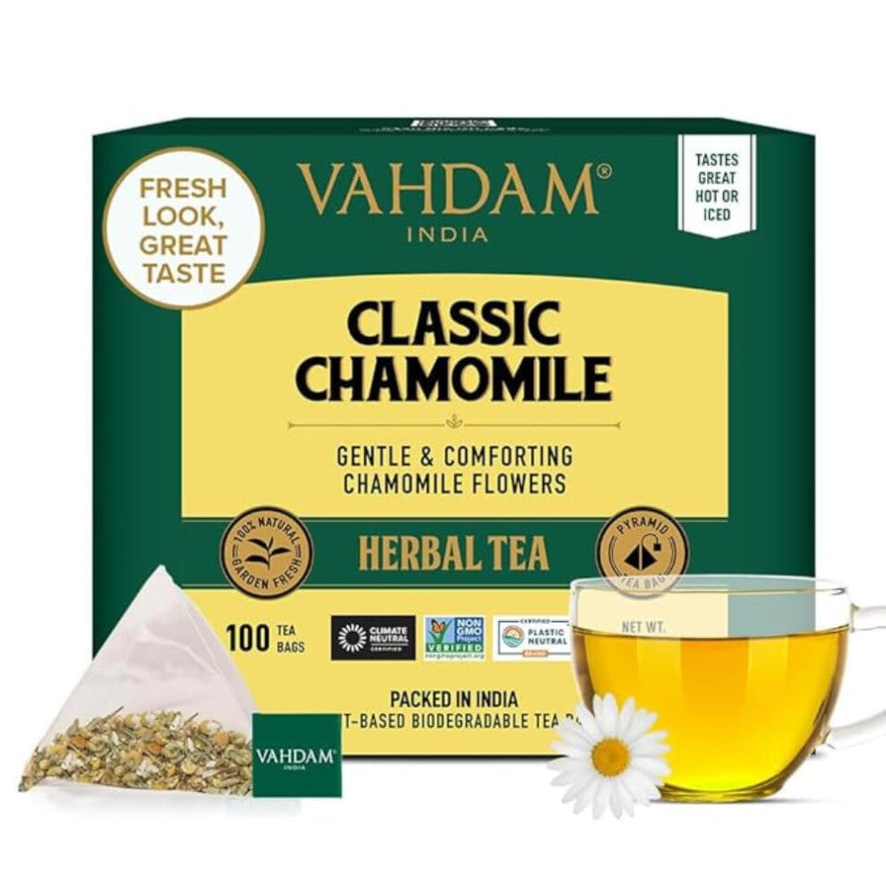 VAHDAM, Chamomile Herbal Tea Bags (100 Count) Caffeine Free, Non GMO, Gluten Free | 100% Pure Herbal Tisane - Sweet & Floral | Whole Loose-Leaf Tea