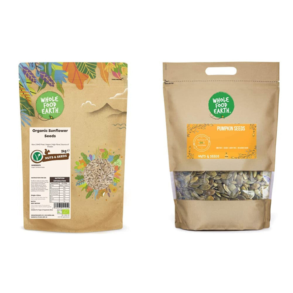 Wholefood Earth Organic Sunflower Seeds 2kg Raw | GMO Free | High Fibre | Source of Protein | Certified Organic & Pumpkin Seeds 1kg, GMO Free,