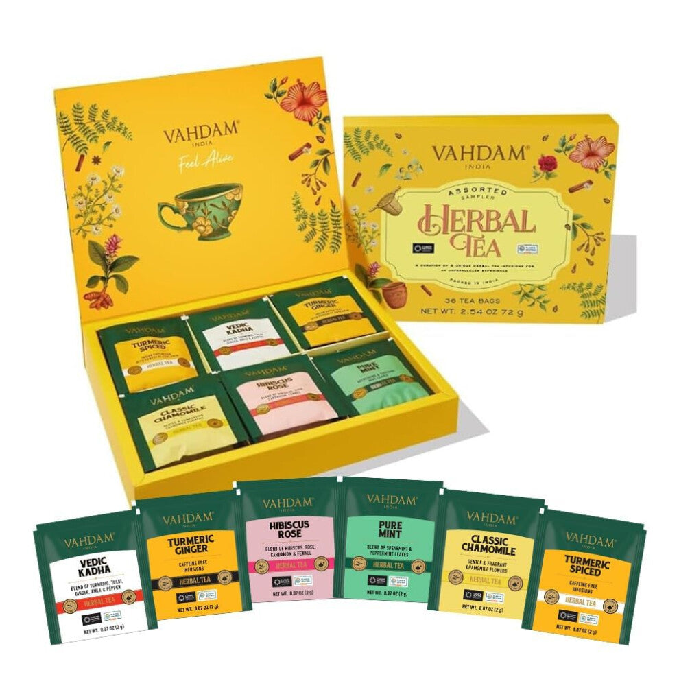 VAHDAM, Assorted Herbal Tea Variety Pack (6 Variants, 36 Tea Bags) Caffeine Free, Gluten Free, Non GMO | Eco Friendly Long Leaf Pyramid Tea Bags I
