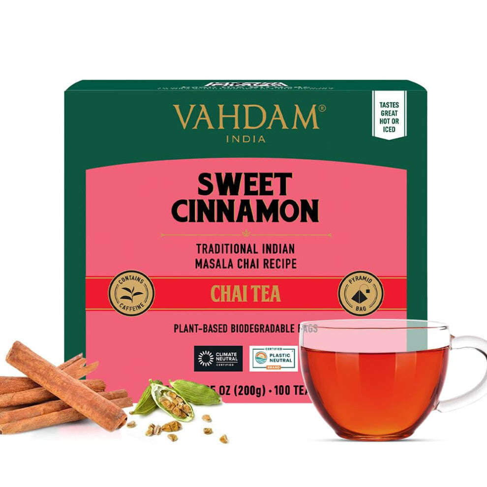 VAHDAM Sweet Cinnamon Tea | 100 Tea Bags | 100% Natural Spices | Cinnamon Masala Chai Recipe | Brew Hot or Iced