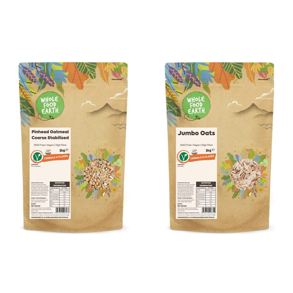 Wholefood Earth Pinhead Oatmeal Coarse Stabilised 3kg | GMO Free | Vegan | High Fibre & Jumbo Oats, 3 kg, Package May Vary