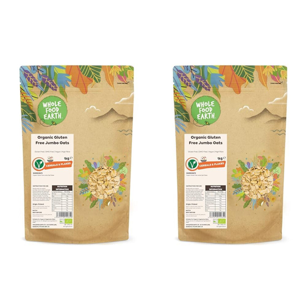 Wholefood Earth Organic Gluten Free Jumbo Oats ? 1 kg | GMO Free | Vegan | High Fibre | Certified Organic (Pack of 2)