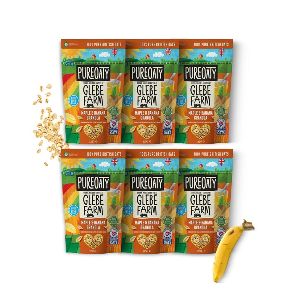 Glebe Farm Gluten Free PureOaty Maple & Banana Oat Granola 6PK, Healthy Wholegrain Oats To Help Lower Cholesterol, 100% British Oats, Vegan & High In