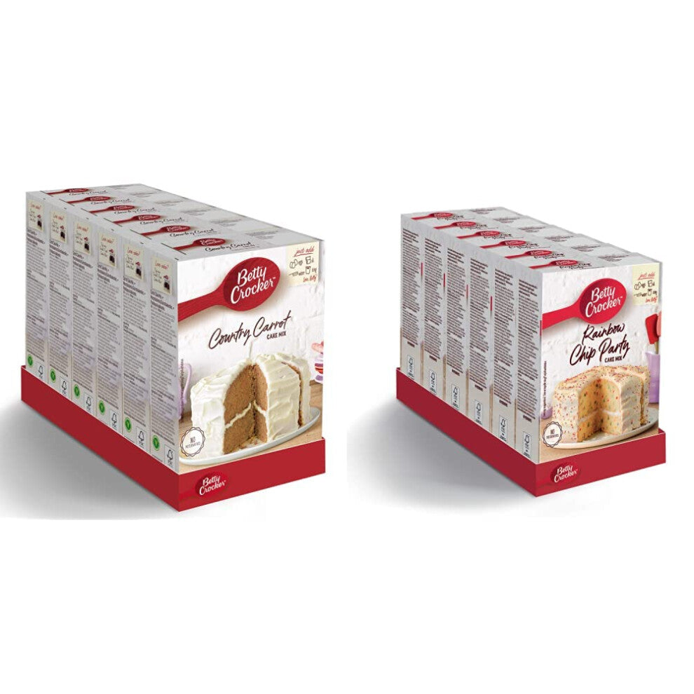Betty Crocker Country Carrot Cake Mix 425g (Pack of 6) & Rainbow Chip Party Cake Mix 425g (pack of 6)