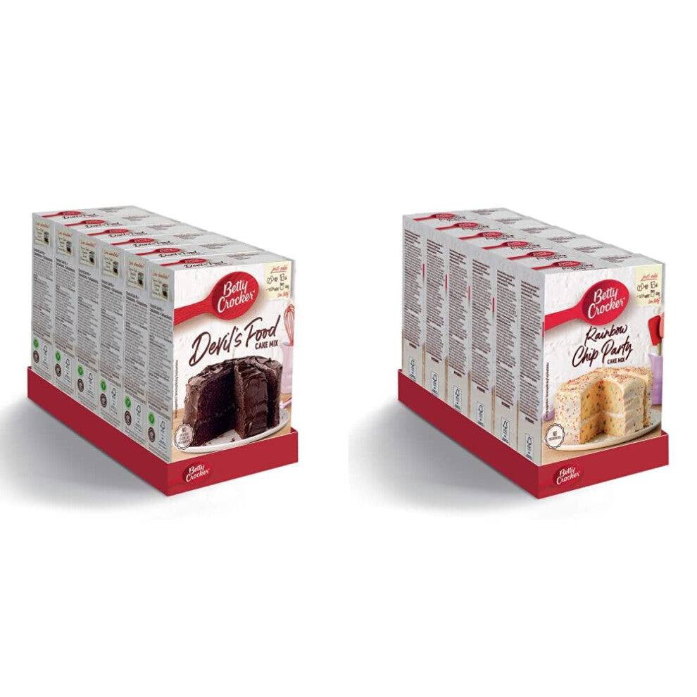 Betty Crocker Devil's Food Chocolate Cake Mix 425g (Pack of 6) & Rainbow Chip Party Cake Mix 425g (pack of 6)