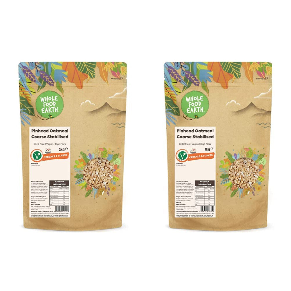 Wholefood Earth Pinhead Oatmeal Coarse Stabilised 2kg | GMO Free | Vegan | High Fibre & Pinhead Oatmeal Coarse Stabilised 1kg | GMO Free | Vegan |