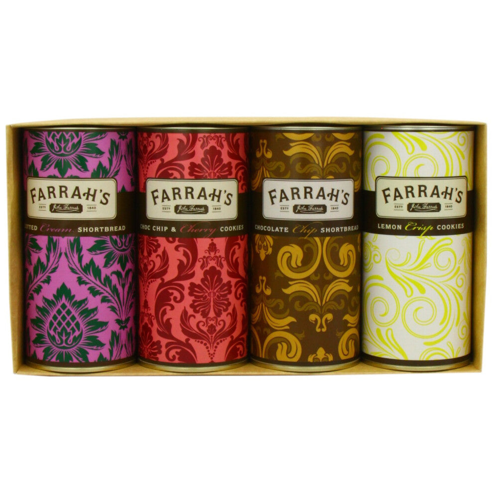 Farrah's of Harrogate | Four Drum Biscuit Selection | 1 x Clotted Cream Shortbread, 1 x Chocolate Chip & Cherry Cookies, 1 x Chocolate Chip Shortbread