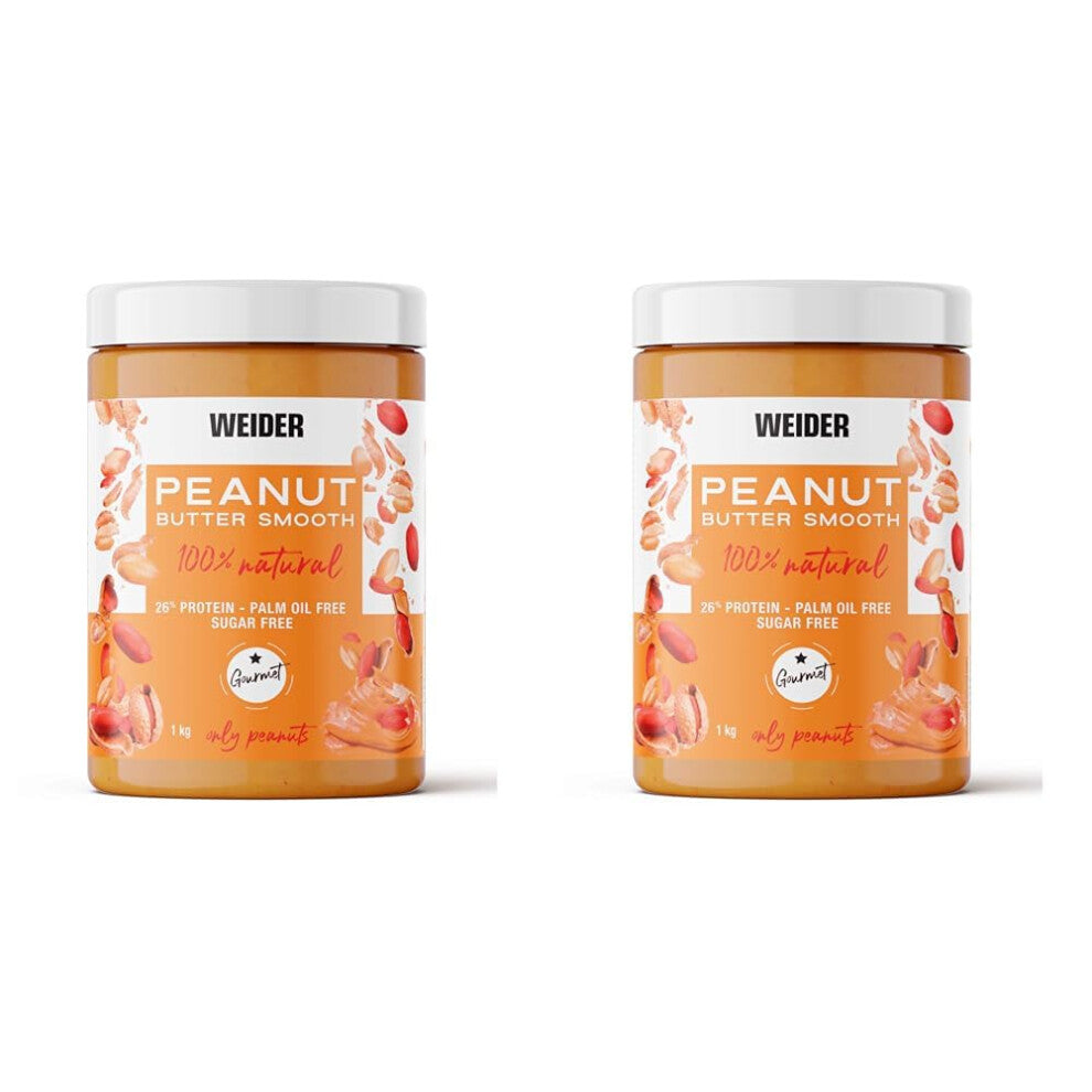 Weider - Peanut Butter Smooth 100% natural, no added sugars, suitable for vegans, without palm oil, 1 kg [packaging may vary] (Pack of 2)