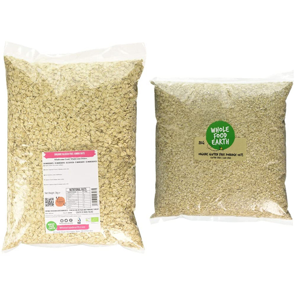 Wholefood Earth Organic Gluten Free Jumbo Oats, 3 kg & Organic Gluten Free Porridge Oats, 2 kg