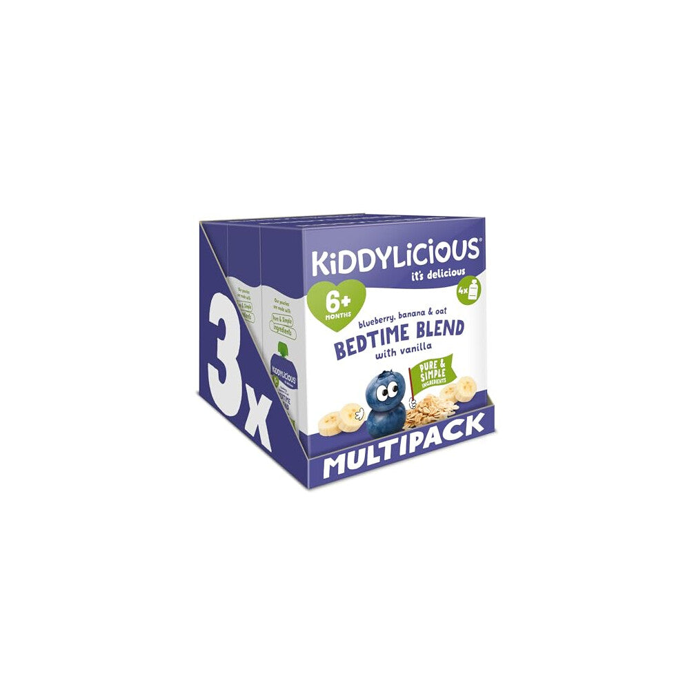 Kiddylicious Bedtime Blend Blueberry, Banana & Oat Pouches - Delicious Pouches for Babies - Suitable for 6+ Months - 3 Packs of 4 (12 Total)
