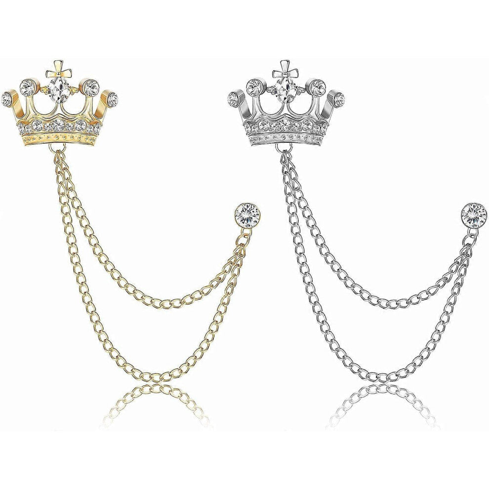(As show, One size) 2PCS Brooch Lapel Pin Chain for Men, Crown Brooch Suit Tassel Collar Chains for Shirts Badge