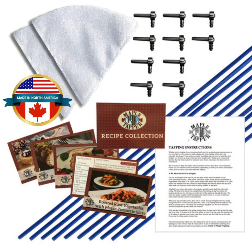 MAPLE TAPPER Maple Syrup Tree Tapping Kit - 10 Spiles + 10 3' Tubes + 2 1- QT Maple Sap Filters - BPA Free Food Grade - Full Instructions  Recipe Card