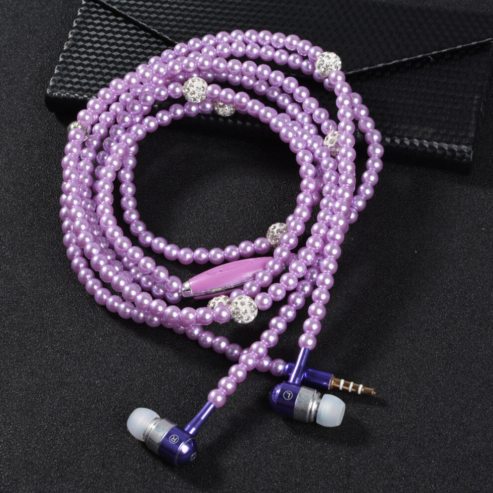 (Purple) Fashionable Jewelry Pearl Necklace Earphones Mic Beads Inear Headphone 35mm