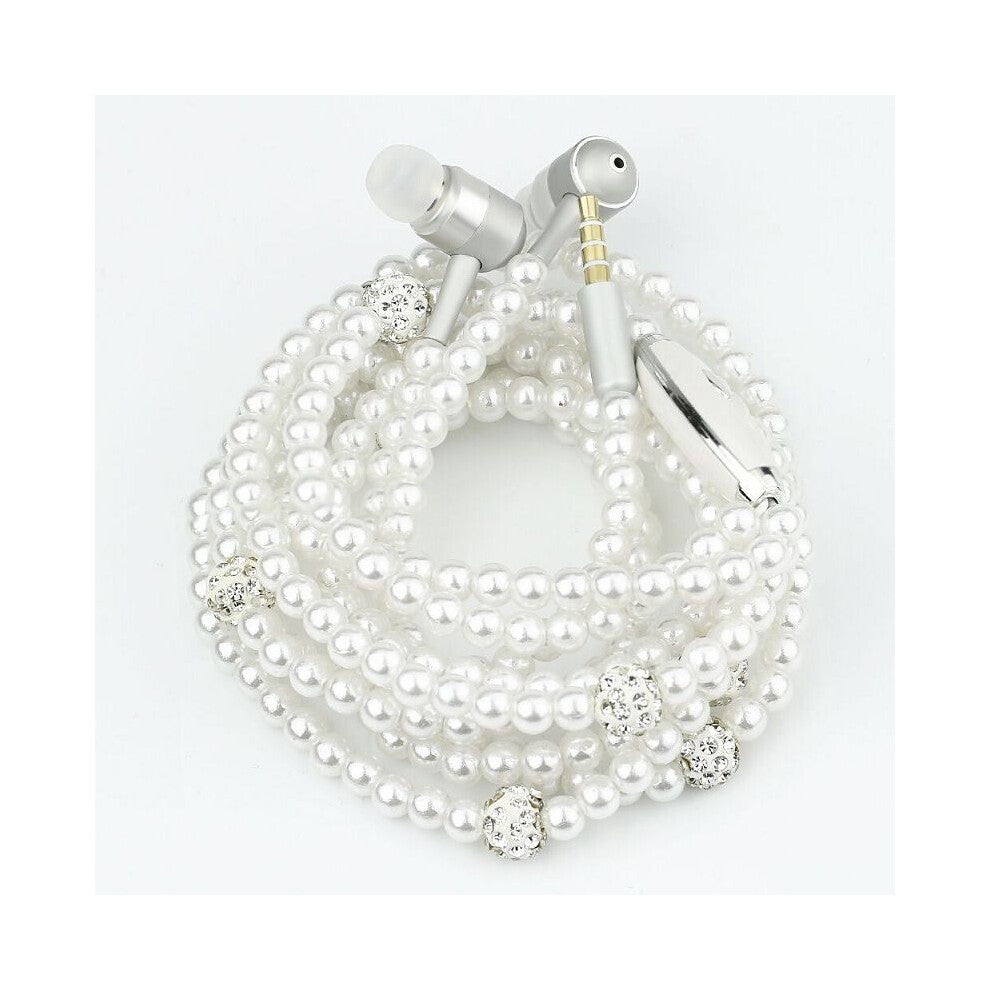 (White) Fashionable Jewelry Pearl Necklace Earphones Mic Beads Inear Headphone 35mm