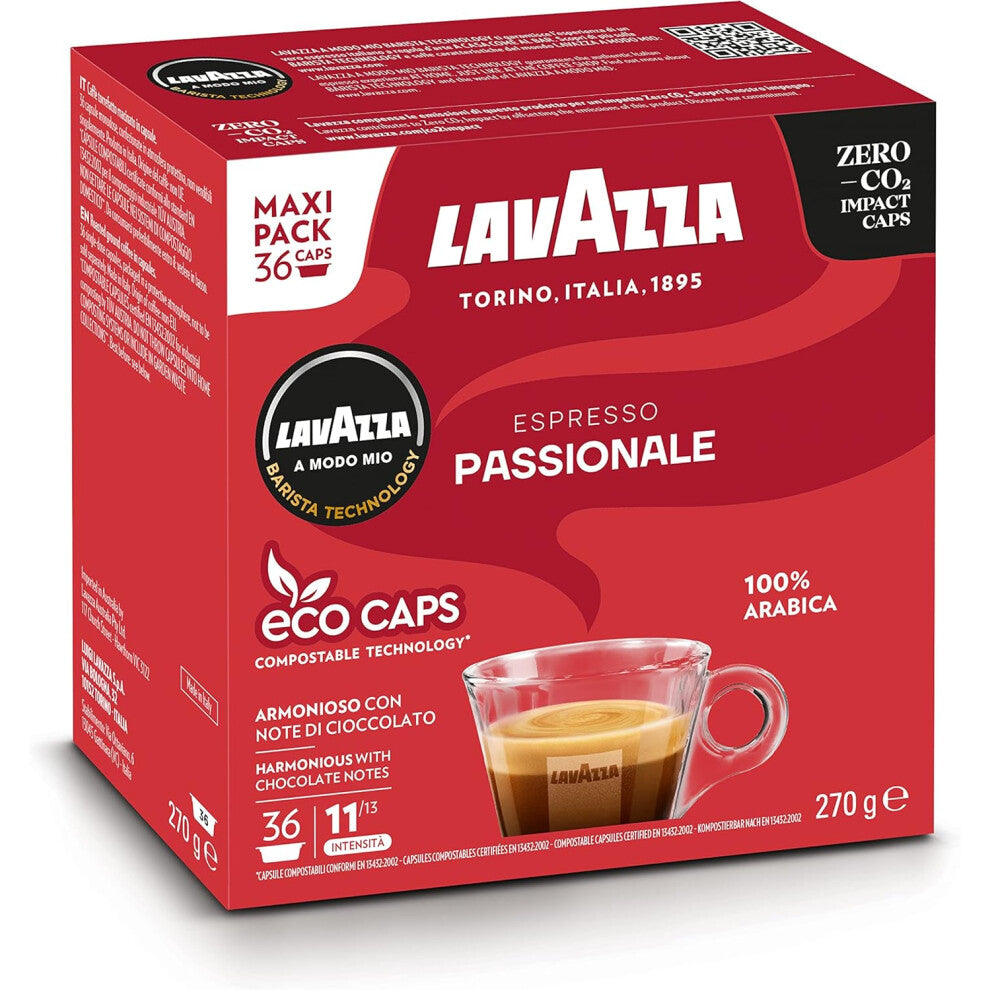 Lavazza A Modo Mio Espresso Passionale, Coffee Capsules Warm Inviting Taste Intensity 11-13 Dark Roasting, Perfect for a 40ml Espresso, 36 Pods