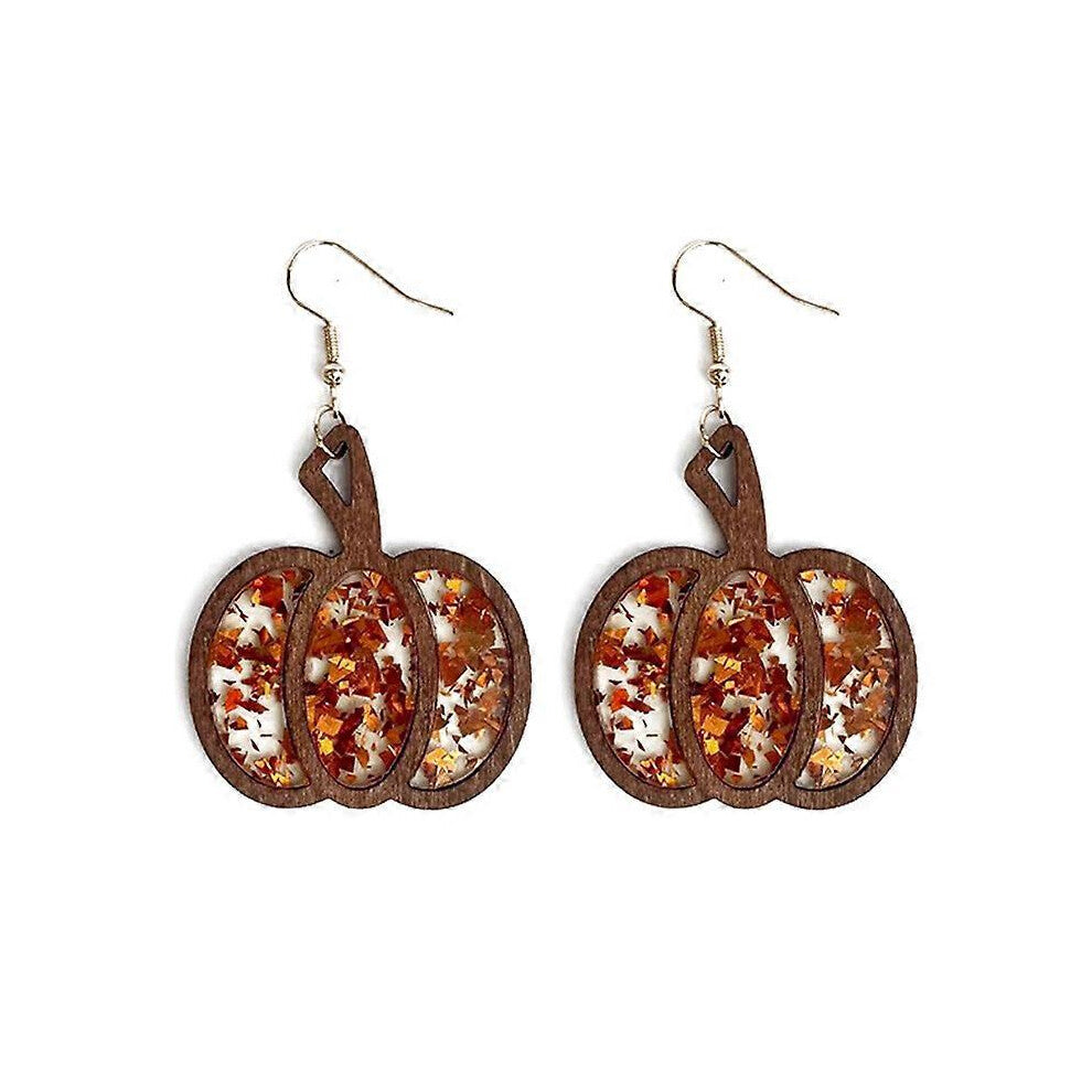 (Style1, One size) 1 Pair Vintage Wooden Halloween Pumpkin Earrings, Wooden Acrylic Colorful Glitter Sequins Hollow Out Earrings For Womens Girls, Hol
