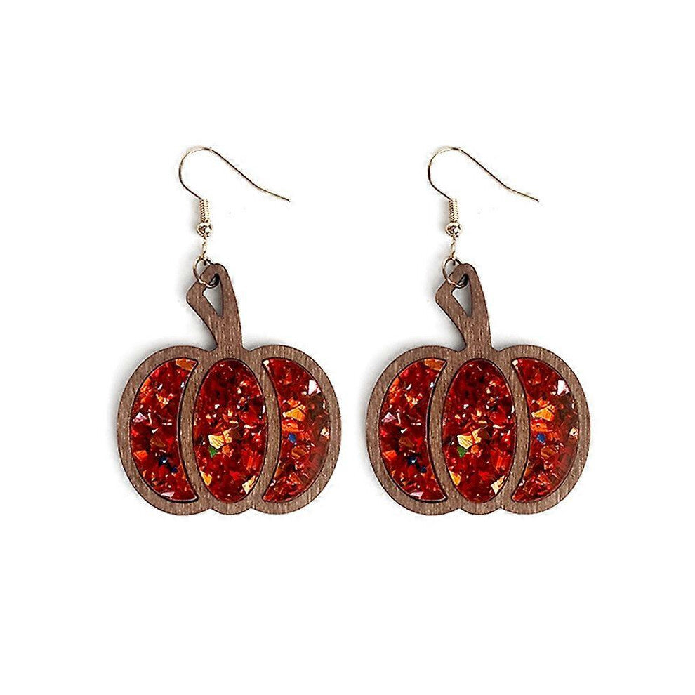 (Style2, One size) 1 Pair Vintage Wooden Halloween Pumpkin Earrings, Wooden Acrylic Colorful Glitter Sequins Hollow Out Earrings For Womens Girls, Hol