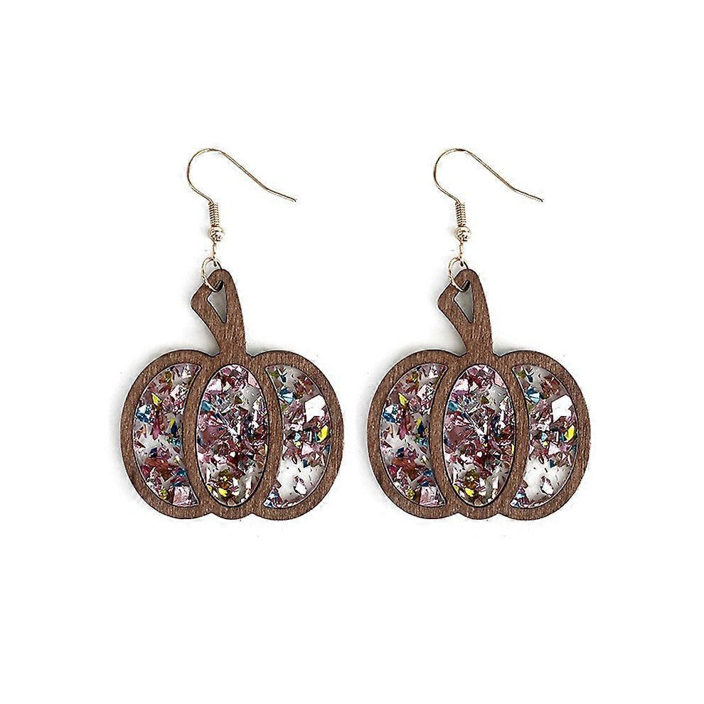 (Style3, One size) 1 Pair Vintage Wooden Halloween Pumpkin Earrings, Wooden Acrylic Colorful Glitter Sequins Hollow Out Earrings For Womens Girls, Hol