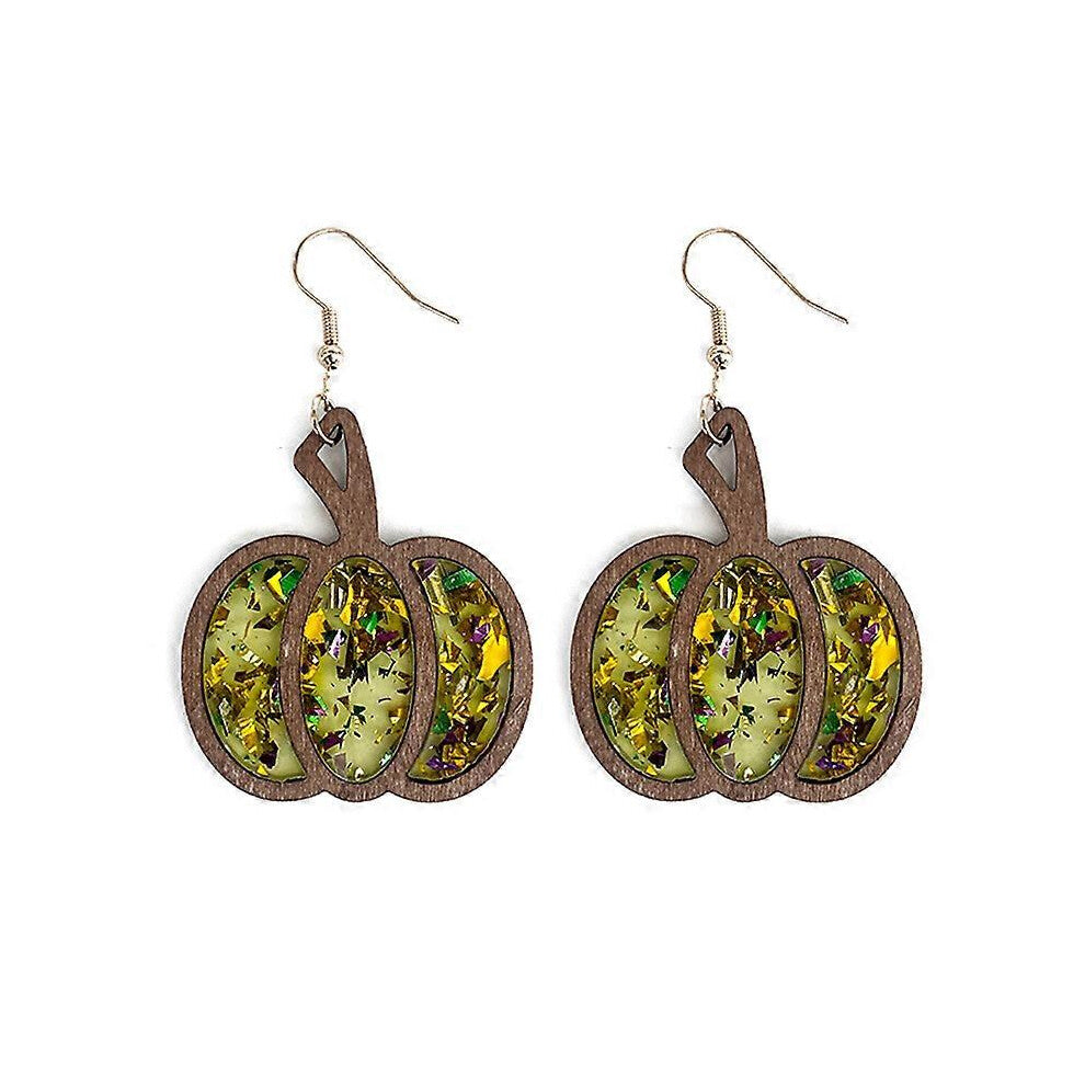 (Style4, One size) 1 Pair Vintage Wooden Halloween Pumpkin Earrings, Wooden Acrylic Colorful Glitter Sequins Hollow Out Earrings For Womens Girls, Hol