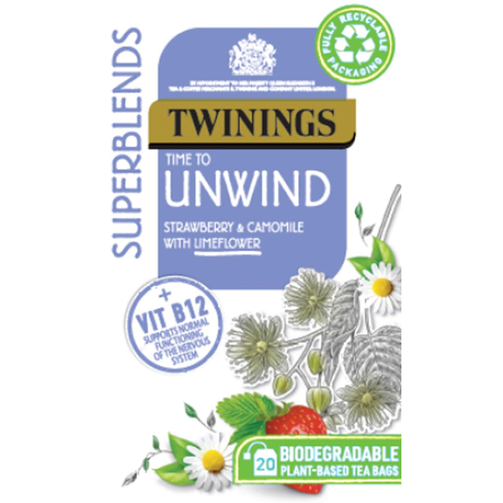 Twinings Superblends Unwind Tea - Strawberry Herbal Tea Infusion with Camomile, Lemon Balm, Limeflower & Vitamin B12, 80 Biodegradable Tea Bags