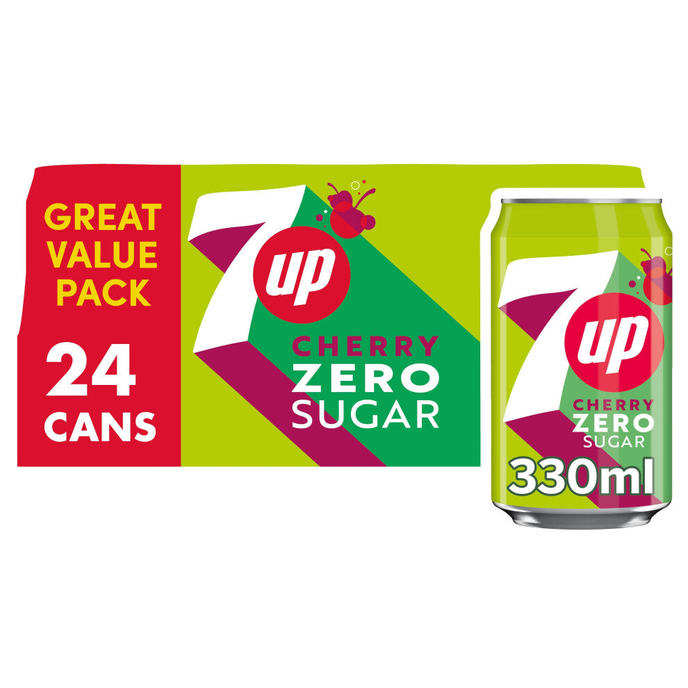 7UP Cherry Zero Sugar 24 x 330ml - Sparkling Cherry Soda, Low-Calorie, Caffeine-Free