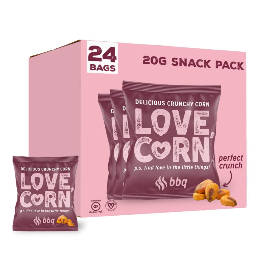 LOVE CORN BBQ Crunchy Corn Snack 20g x 24 Bags ? Healthy Snacks Ideal for Gluten Free & Vegan Diets ? Low Sugar Alternative for Crisps, Mixed Nuts &