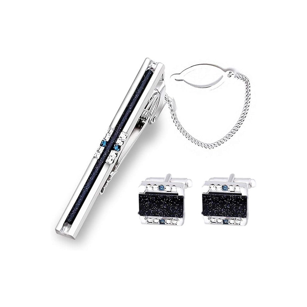 Shiny Galaxy Stone Cufflinks and Tie Clip Set, Striped Galaxy Dark Blue Cufflinks and Men's Tie Clip Set