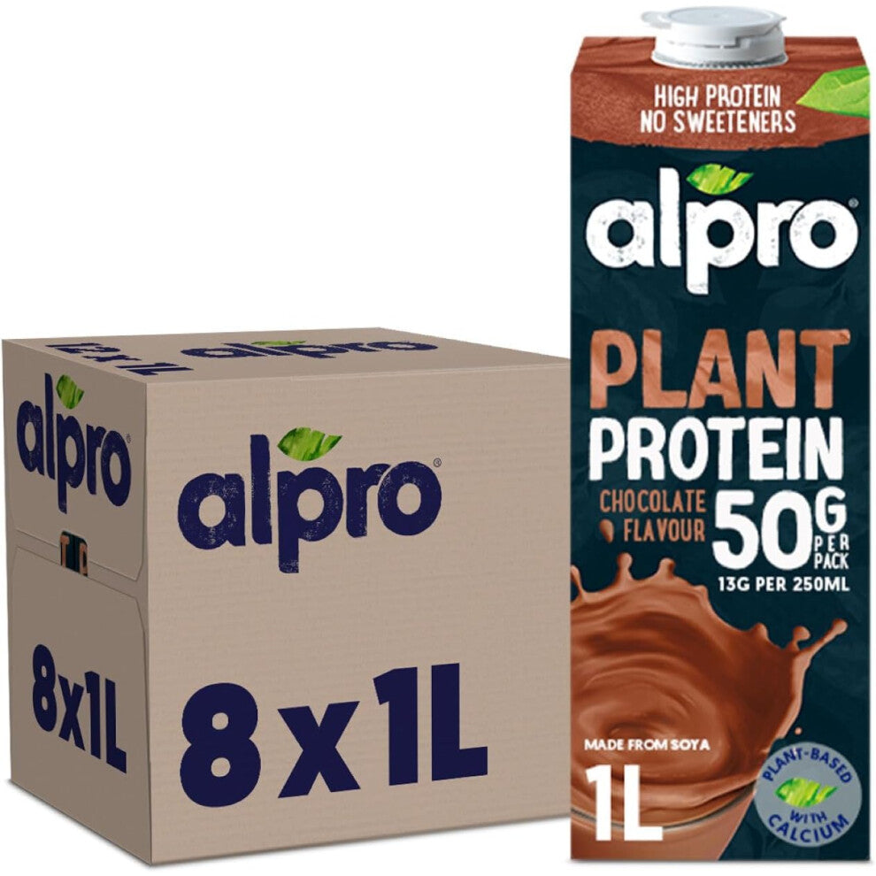 Alpro Pack of 8 Chocolate Soya High Protein Plant-Based Long Life Drink Vegan & Dairy Free 1 Litre