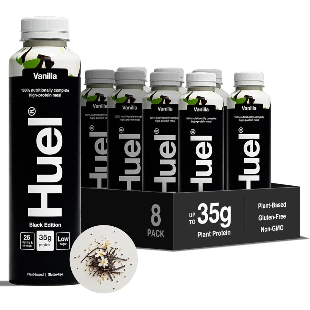 Huel Black Edition Ready-to-Drink Vanilla Flavour High Protein Drink 35g Protein Per Bottle Plant-Based Gluten-Free 8x 500ml bottles