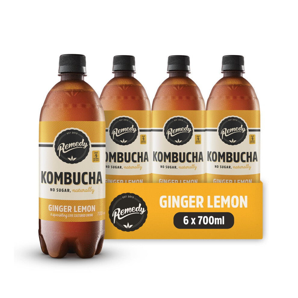 (6x700ml) Remedy Kombucha Tea - Ginger Lemon - Sparkling Live Cultured, Naturally Sugar Free Soft Drink - Probiotic for Gut Health