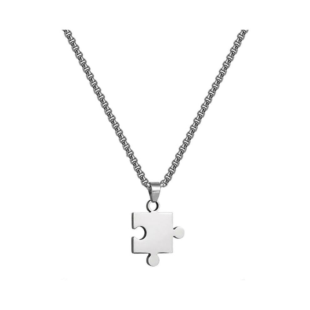 Bump Puzzle Piece Matching Pendant Necklace Stainless Steel Sweater Chain - 70cm Simple Fashion Gift for Couple Lovers