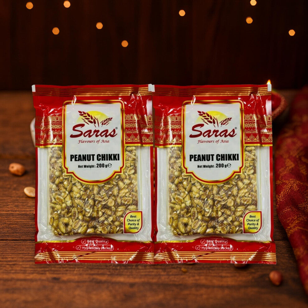 Saras Peanut Chikki 200g (Pack of 2) | Traditional Indian Sweet Candy | Indian Peanut Brittle, Peanut Candy, Delicious & Crunchy Energy Snack