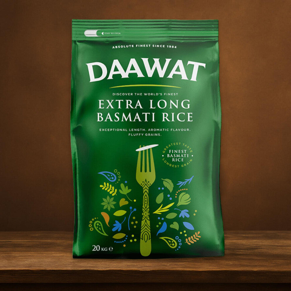 Daawat Extra Long Basmati Rice 20kg - Premium Aged, Fluffy, Non-Sticky Aromatic Grains - Ideal for Biryani & Everyday Cooking